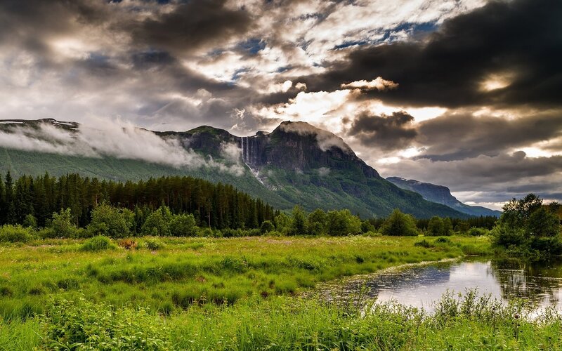 Mountain with Waterfall — Green, Dramatic, Afternoon, Photograph