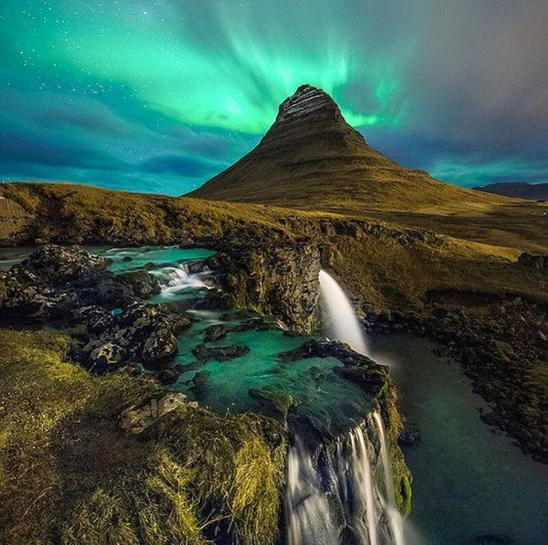 Mountain with Waterfall — Green, Dramatic, Night