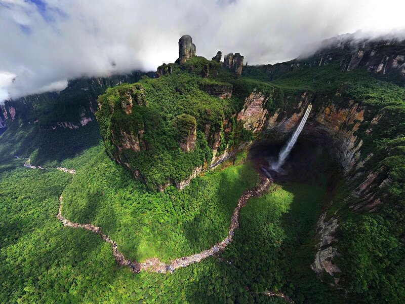 Mountain with Waterfall — Green, Dramatic, Photograph