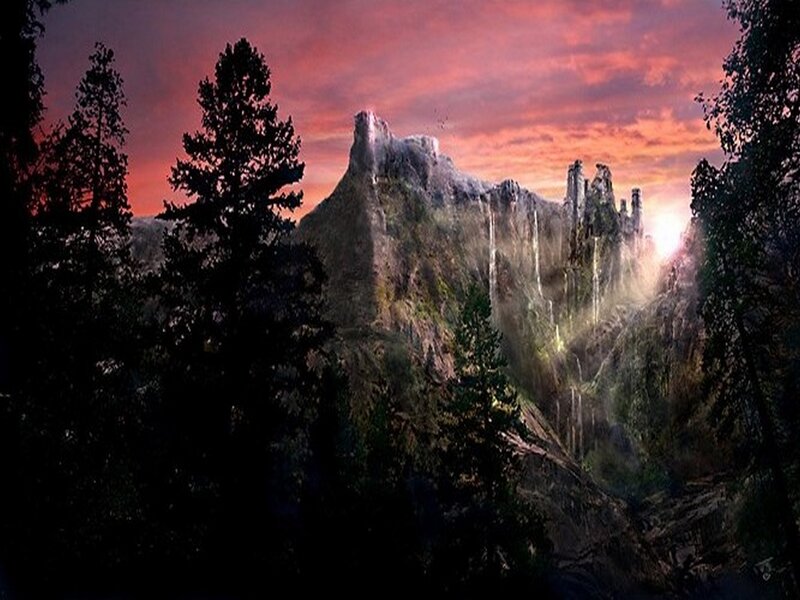 Mountain with Waterfalls — Red