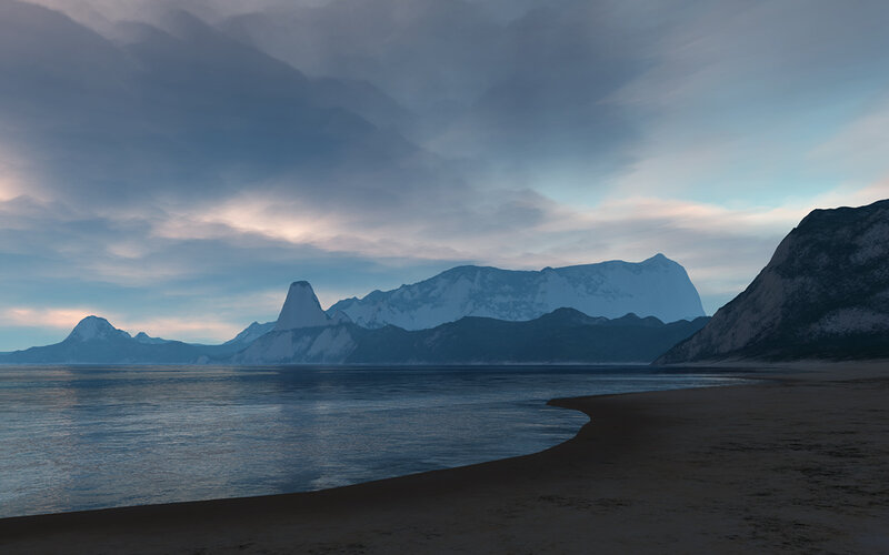 mountainous beach at dusk