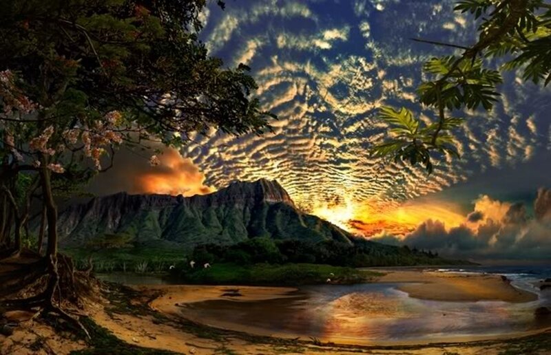 Mountainous Beach at Sunset — Blue