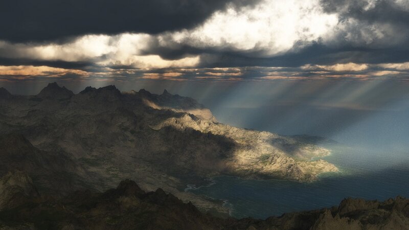 mountainous coast under stormy sky