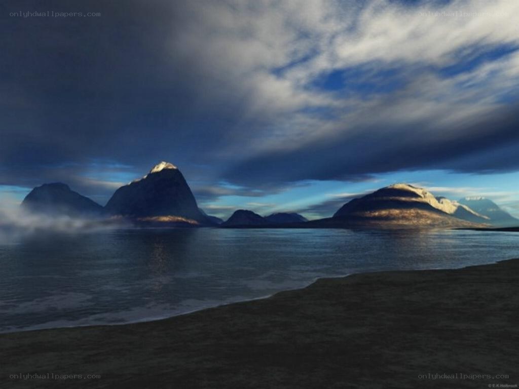 Mountainous coastal landscape at dusk