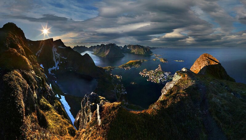 Mountainous Coastal Village — Blue, Dramatic