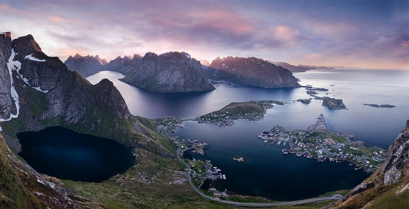 Mountainous Coastal Village — Blue, Serene