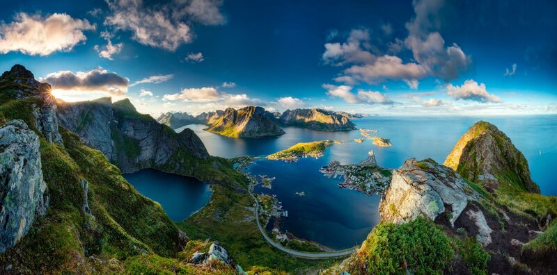 Mountainous Coastal Village — Blue