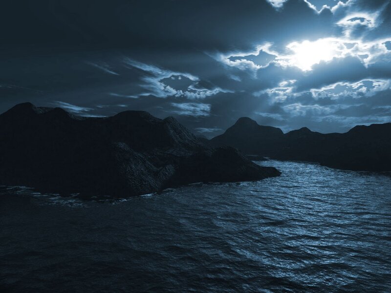 Mountainous Coastline at Night — Blue, Dramatic