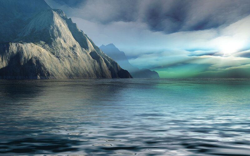 Mountainous coastline at sunset