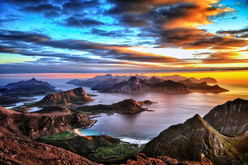 Mountainous Coastline at Sunset — Blue, Dramatic, Photograph