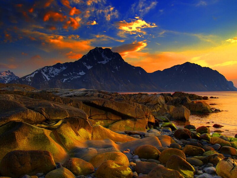 Mountainous Coastline at Sunset — Blue, Dramatic