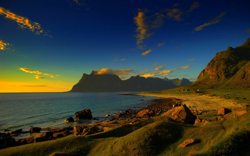 Mountainous Coastline at Sunset — Blue