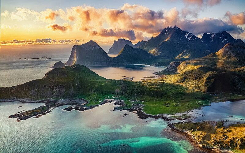 Mountainous Coastline at Sunset — Green