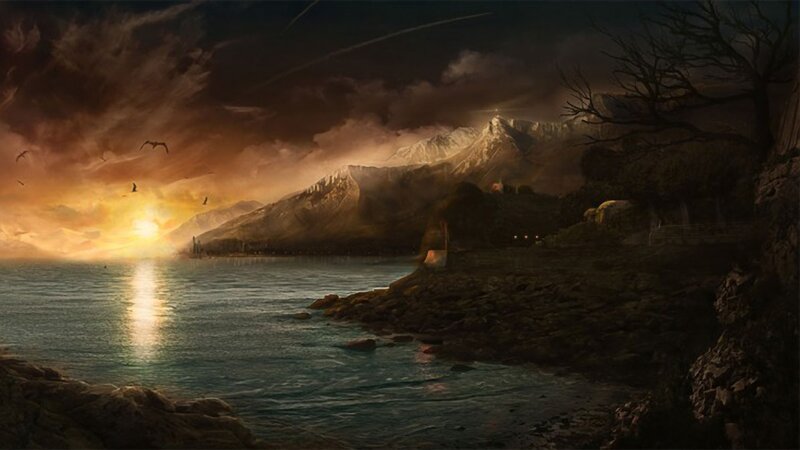 Mountainous Coastline at Sunset — Orange, Dramatic, Digital Art, Sea