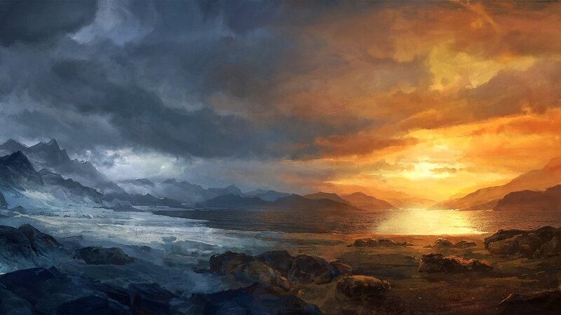 Mountainous Coastline at Sunset — Orange, Dramatic, Digital Art