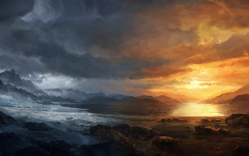 Mountainous Coastline at Sunset — Orange, Dramatic, Painting