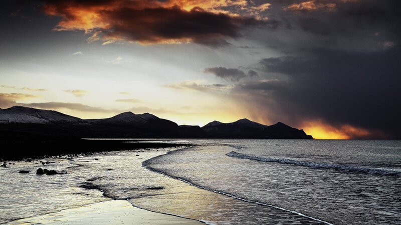 Mountainous Coastline at Sunset — Orange, Dramatic, Photograph, Mountains, Ocean