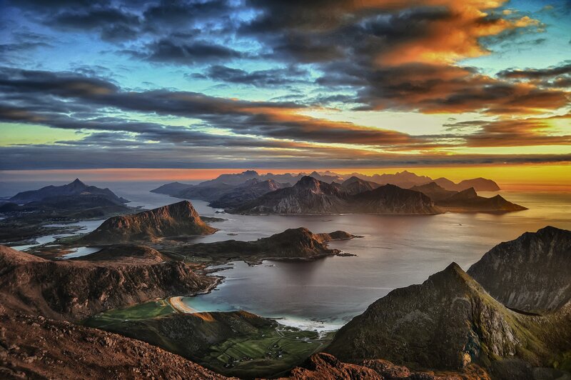 Mountainous Coastline at Sunset — Orange, Dramatic, Photograph, Mountains, Sea
