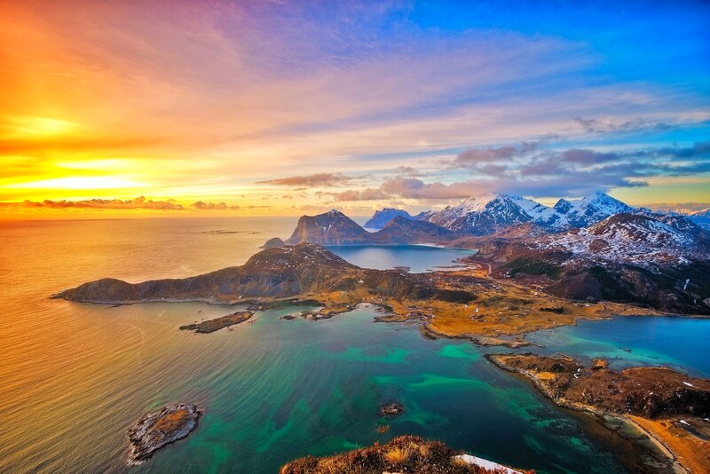 Mountainous Coastline at Sunset — Orange, Dramatic, Photograph, Mountains