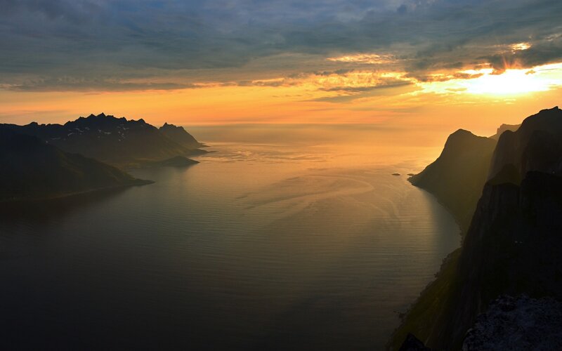 Mountainous Coastline at Sunset — Orange, Dramatic, Photograph, Sea