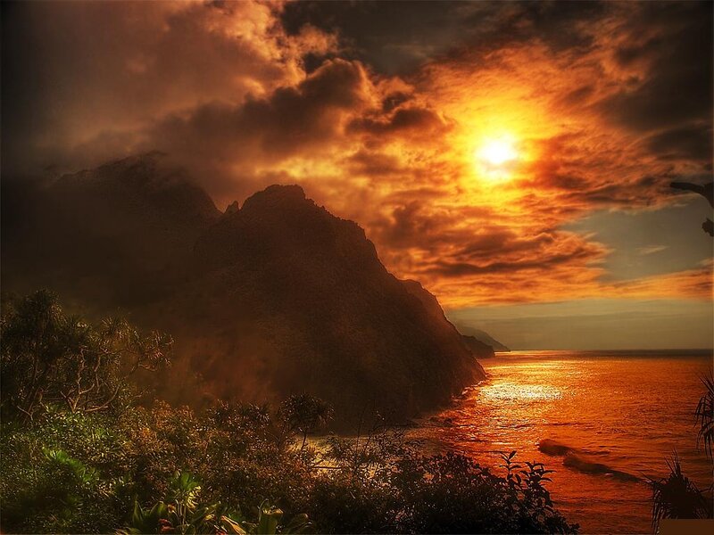 Mountainous Coastline at Sunset — Orange, Dramatic, Photograph, Sun