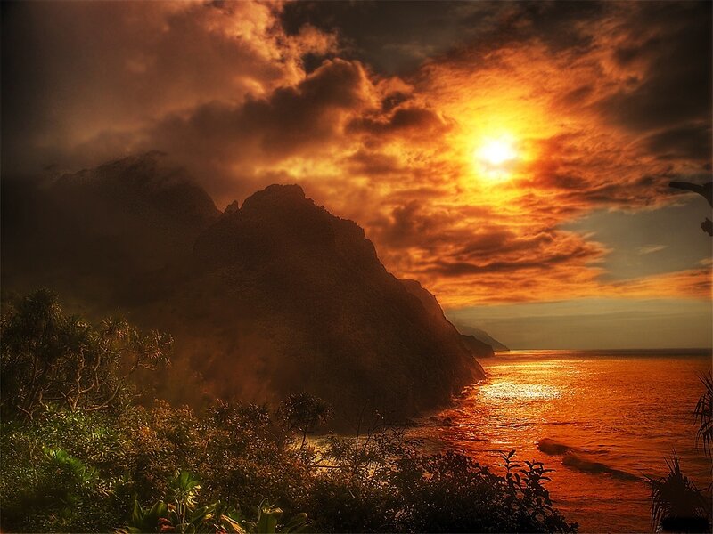 Mountainous Coastline at Sunset — Orange, Dramatic