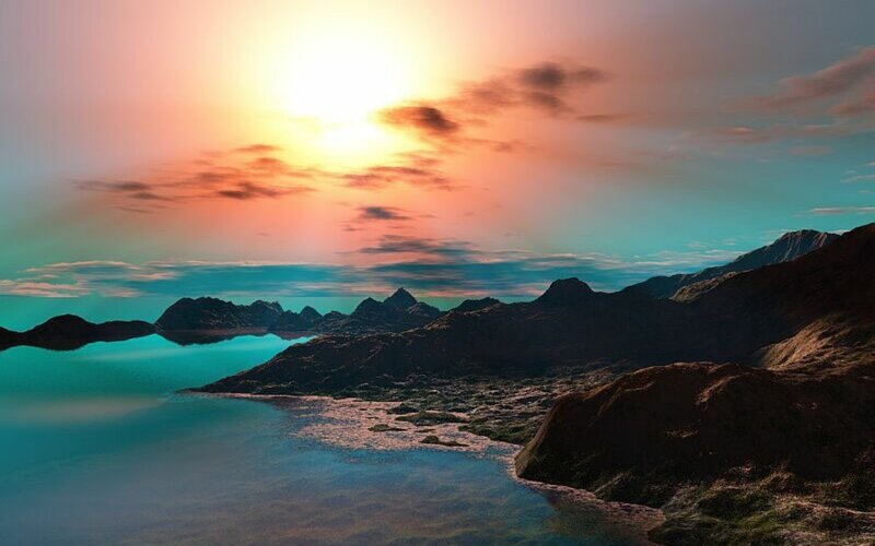 Mountainous Coastline at Sunset — Orange