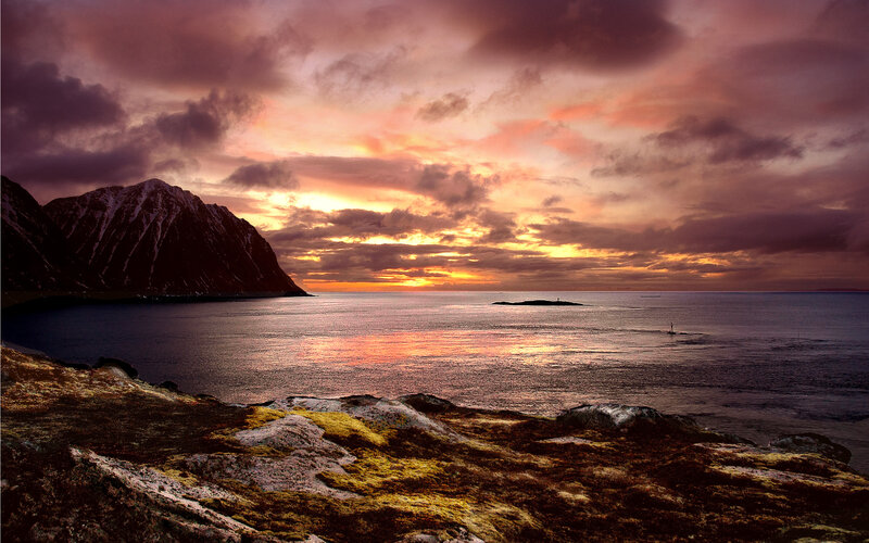 Mountainous Coastline at Sunset — Purple