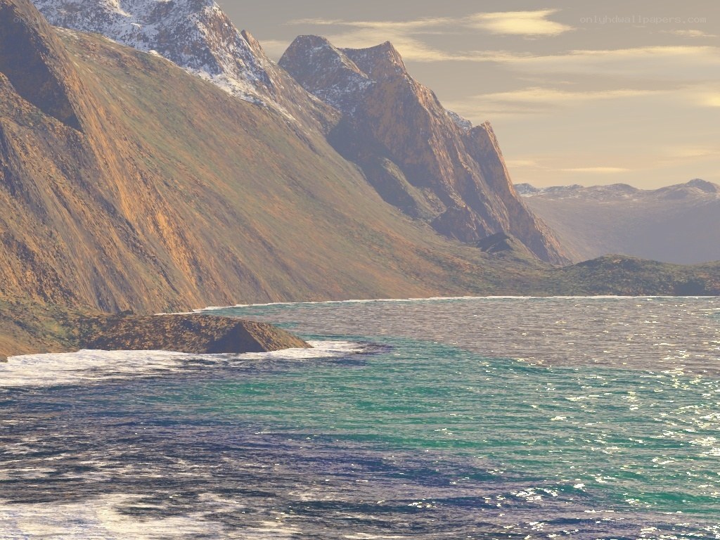 Mountainous coastline at sunset