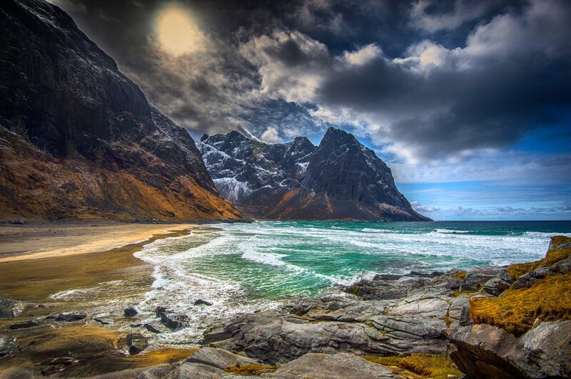 Mountainous Coastline — Blue, Dramatic, Afternoon, Photograph, Beach