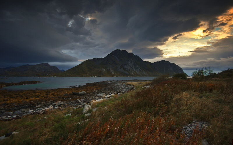 Mountainous Coastline — Gray, Dramatic, Sunset