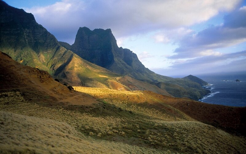Mountainous Coastline — Green, Dramatic, Sunset, Photograph