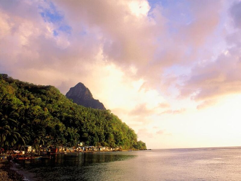 Mountainous Coastline — Green, Serene, Sunset, Photograph