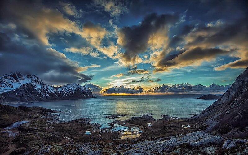 Mountainous Fjord at Sunset — Blue