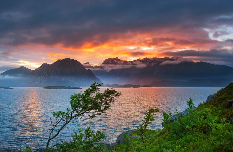 Mountainous Fjord at Sunset — Orange, Dramatic