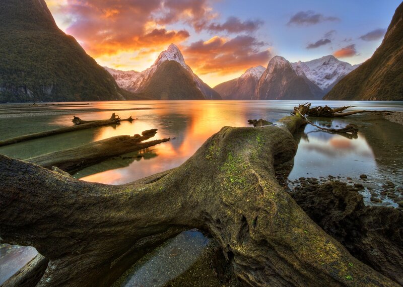 Mountainous Fjord at Sunset — Orange