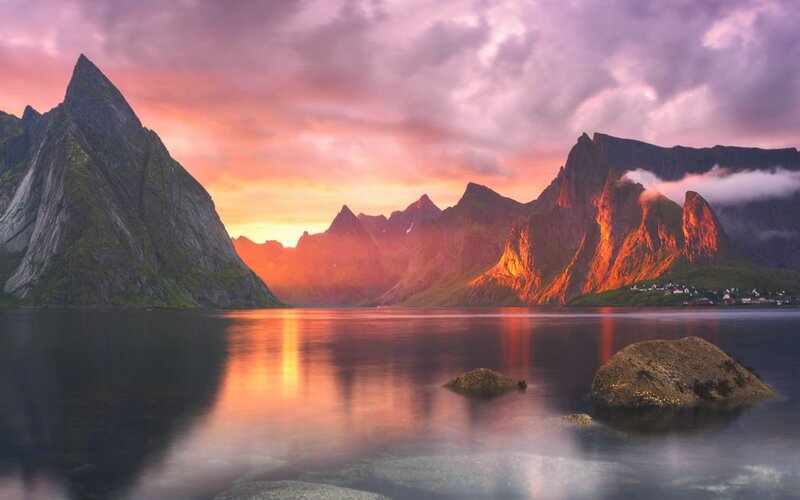 Mountainous Fjord at Sunset — Purple