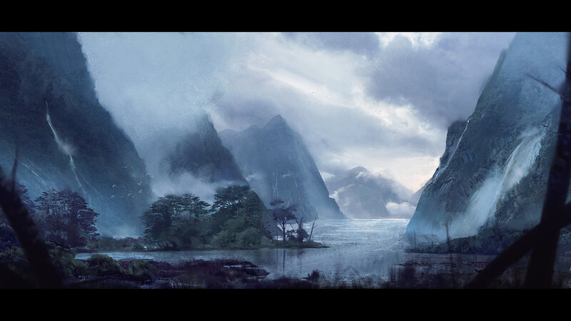 Mountainous Fjord Landscape — Blue, Dramatic, Digital Art