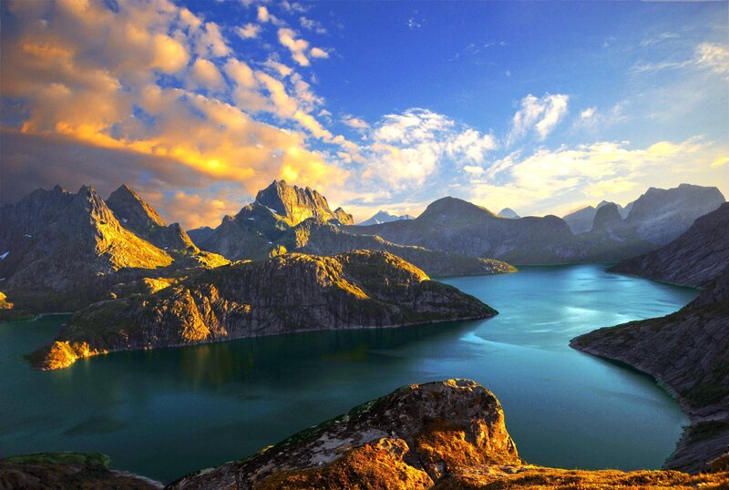Mountainous Fjord Landscape — Blue, Dramatic, Sunrise