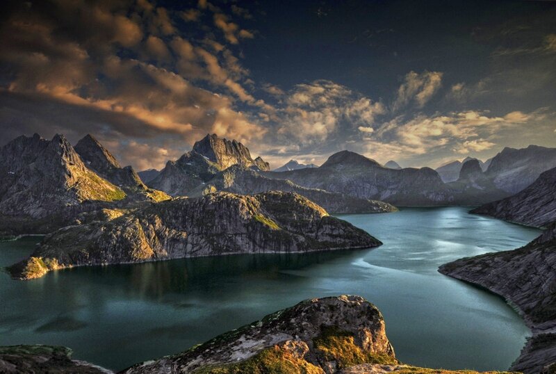Mountainous Fjord Landscape — Blue, Dramatic, Sunset, Photograph, Mountains, Clouds