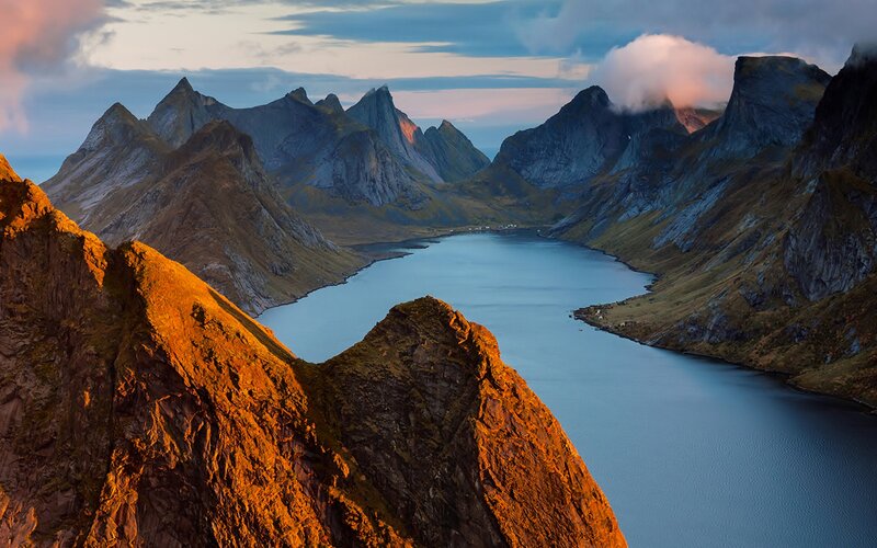 Mountainous Fjord Landscape — Blue, Dramatic, Sunset, Photograph, Mountains