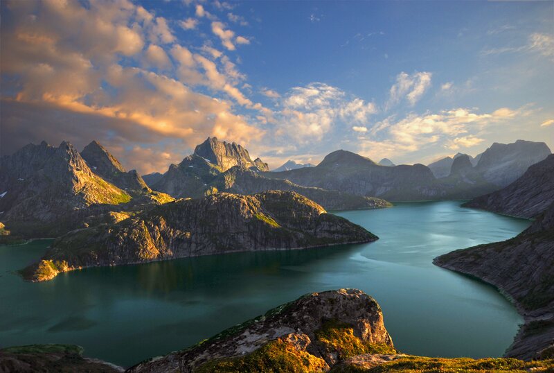 Mountainous Fjord Landscape — Blue, Serene, Sunrise, Photograph, Mountains