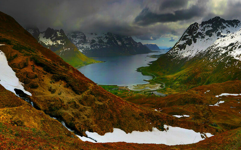 Mountainous Fjord Landscape — Brown