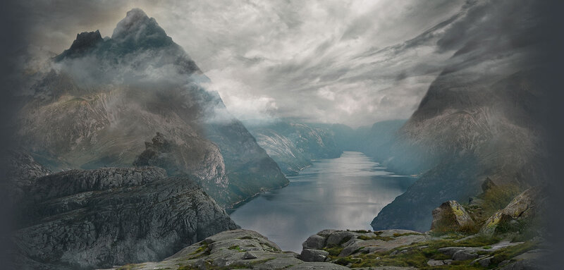 Mountainous Fjord Landscape — Gray, Dramatic, Digital Art