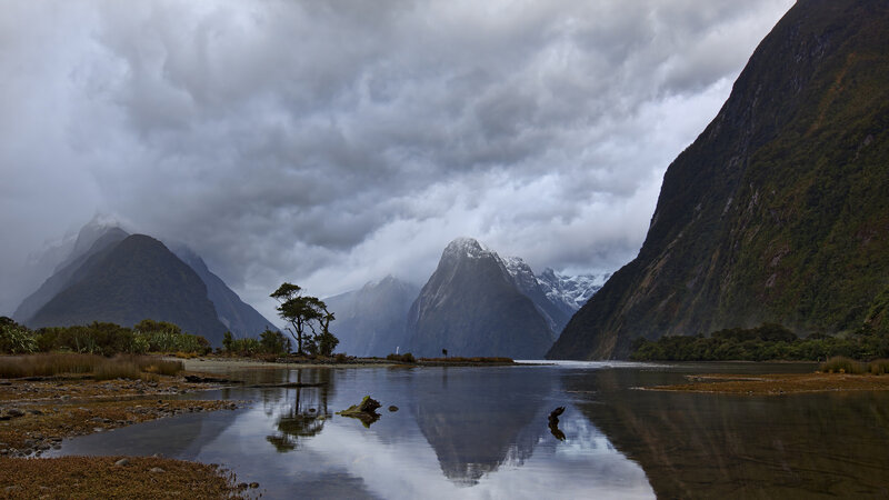 Mountainous Fjord Landscape — Gray, Dramatic, Photograph