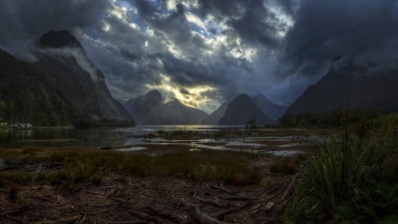 Mountainous Fjord Landscape — Gray, Dramatic, Sunrise