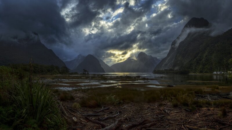 Mountainous Fjord Landscape — Gray, Dramatic, Sunset, Photograph