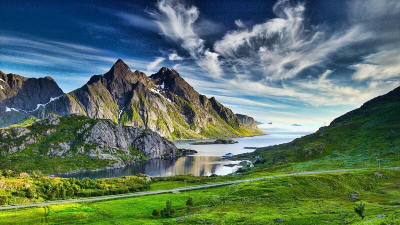 Mountainous Fjord Landscape — Green, Dramatic, Afternoon, Photograph