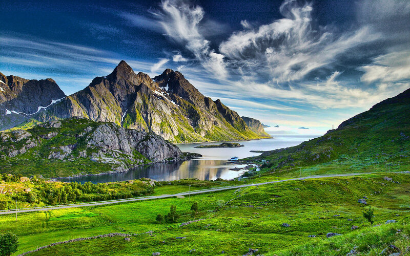 Mountainous Fjord Landscape — Green, Dramatic, Afternoon