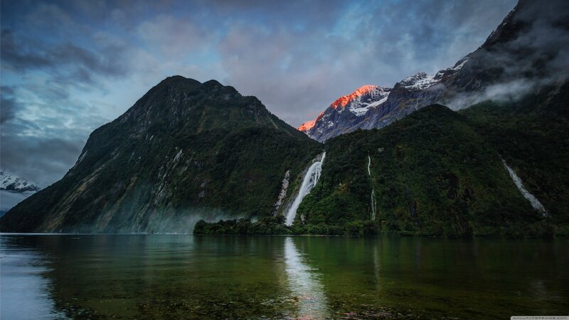 Mountainous Fjord Landscape — Green, Dramatic, Sunset, Photograph, Mountains, Waterfall